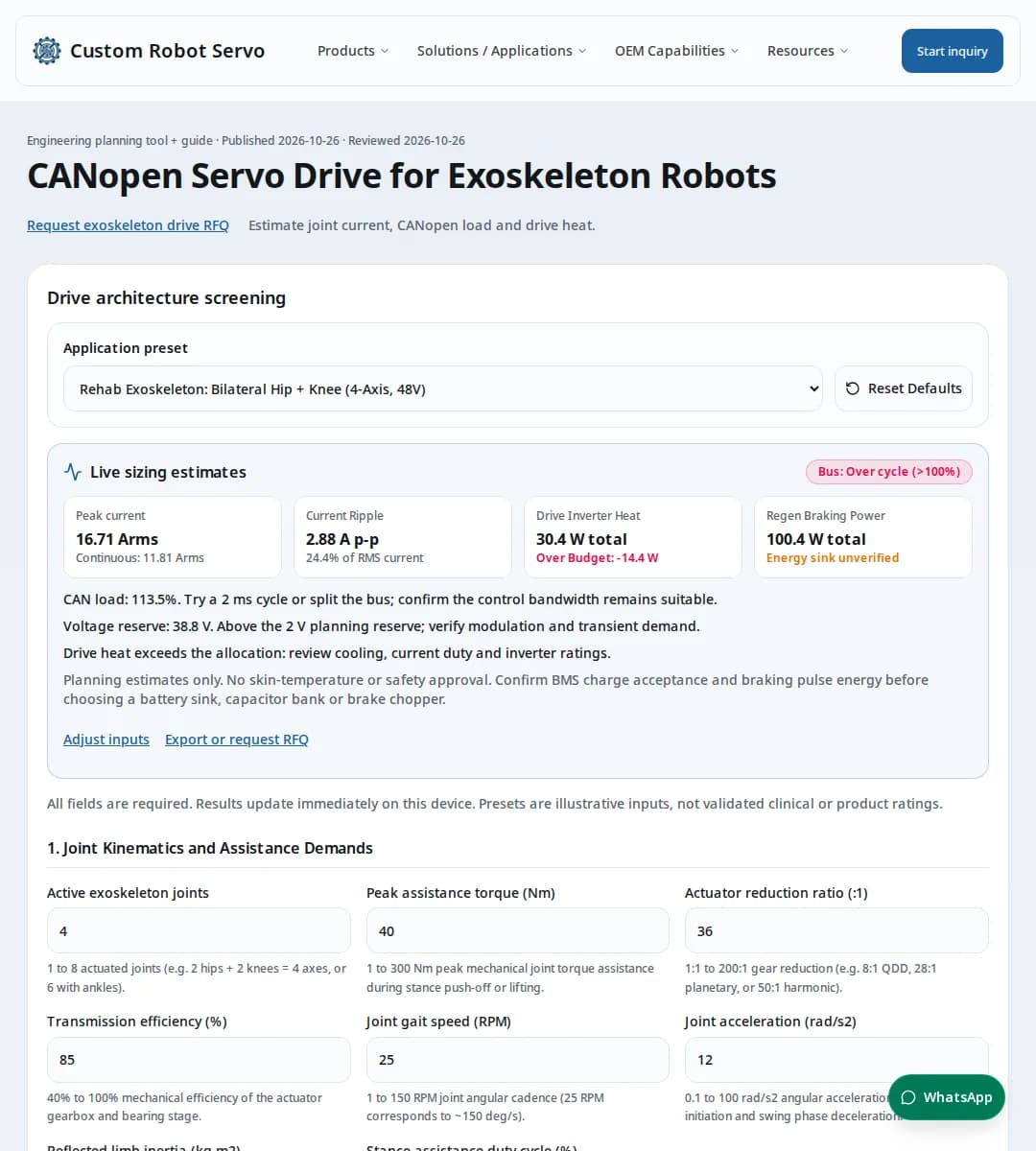 Default exoskeleton sizing tool interface with live assistance torque, ripple, and CANopen bus load results