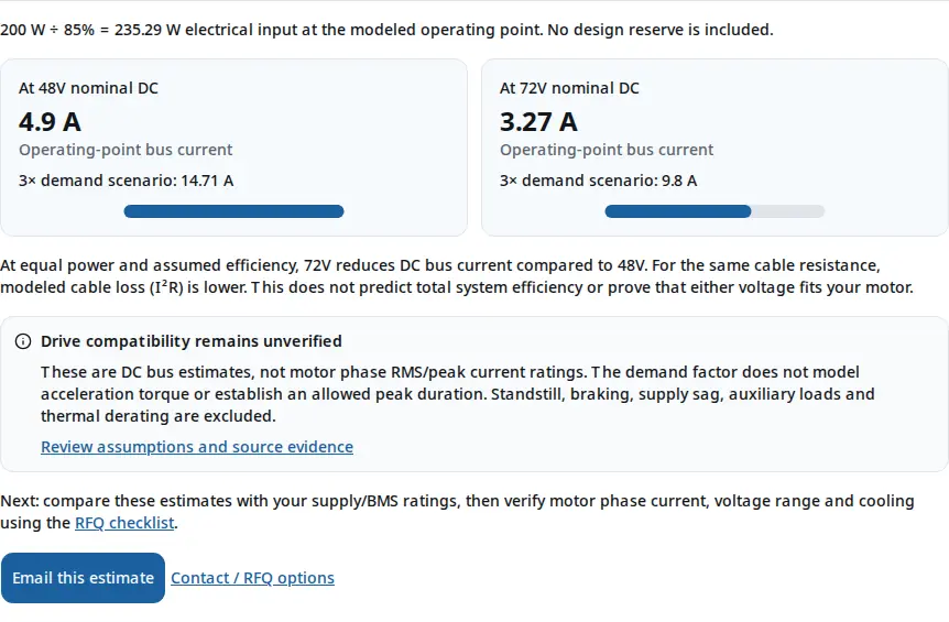 48V servo drive calculator at 200 W, 85% efficiency and 3× demand: 4.9 A at 48V and 3.27 A at 72V.